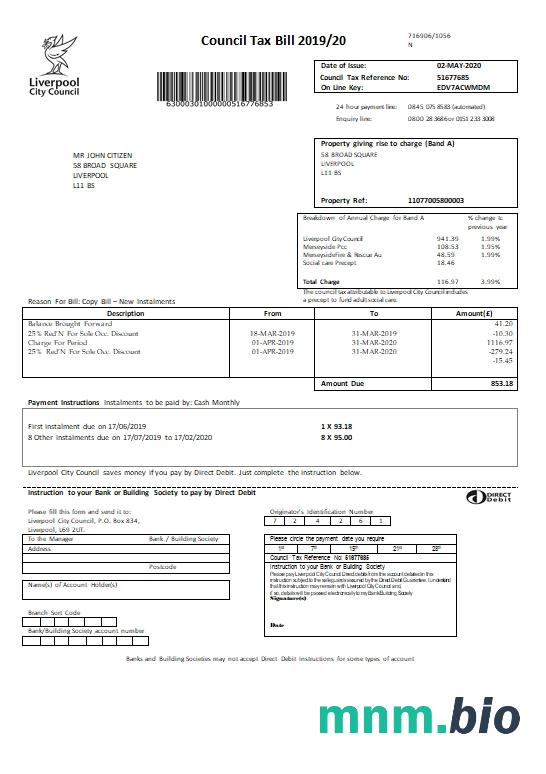 Wielka Brytania Liverpool City Council tax bill szablon w formacie Word
